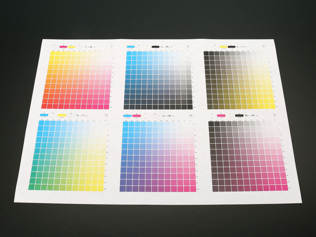 奉書紙に印刷した御朱印テスト用CMYKカラーチャート
